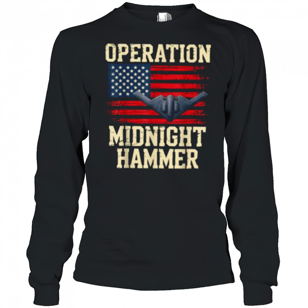 Retro Midnight Hammer B 2 Stealth Jet Operation USA Flag T Shirt Long Sleeved