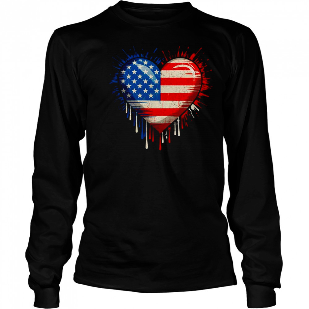 Vintage USA Heart 4th Of July Patriotic American Flag shirt Long Sleeved
