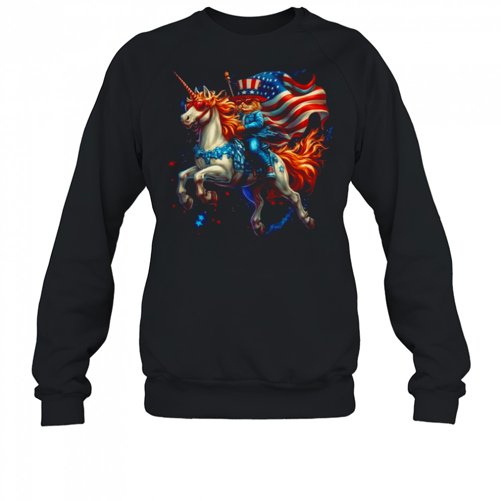 Cat Riding Unicorn USA Flag Patriotic 4th Of July Women Girl shirt Sweatshirt