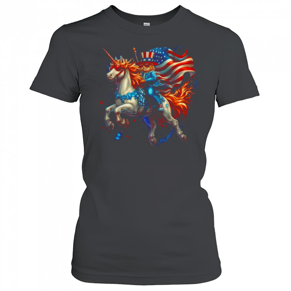 Cat Riding Unicorn USA Flag Patriotic 4th Of July Women Girl shirt Women's T-shirt