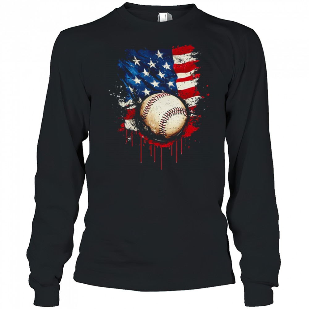 Patriotic Baseball 4th Of July Men Boys USA American Flag shirt Long Sleeved