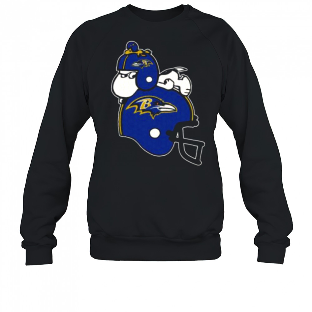 Snoopy And Woodstock Resting On Baltimore Ravens Helmet Shirt Sweatshirt