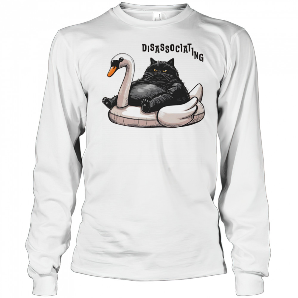 Disassociating chonky cat on a swan floatie shirt Long Sleeved