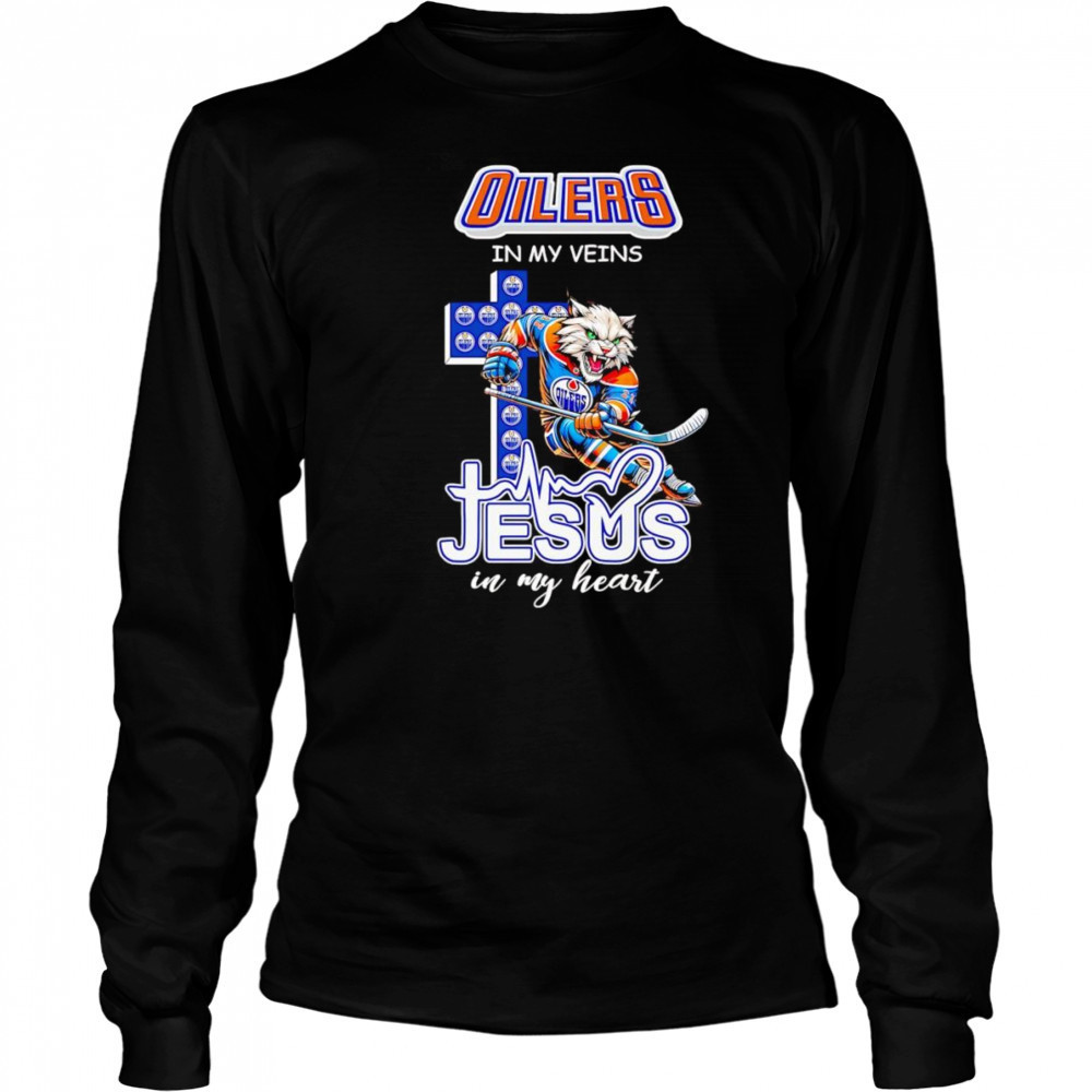 Oilers in my veins Jesus in my heart mascot shirt Long Sleeved