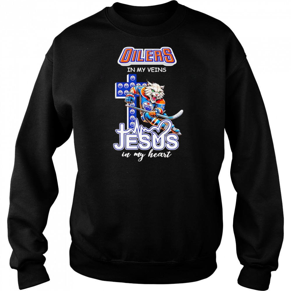 Oilers in my veins Jesus in my heart mascot shirt Hoodie