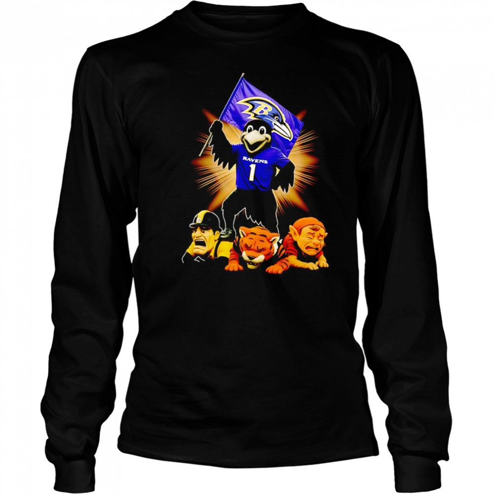 Baltimore Ravens mascot standing with flag shirt Long Sleeved
