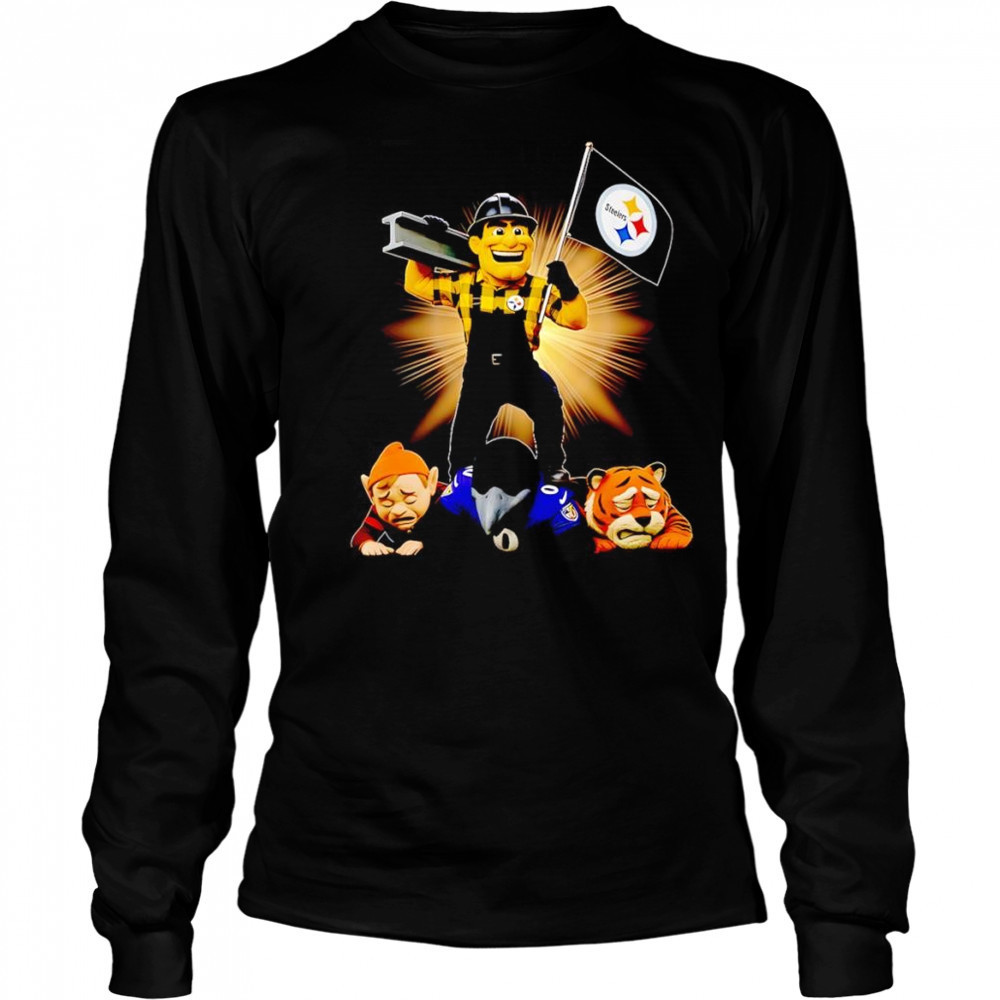 Pittsburgh Steelers mascot standing with flag shirt Long Sleeved