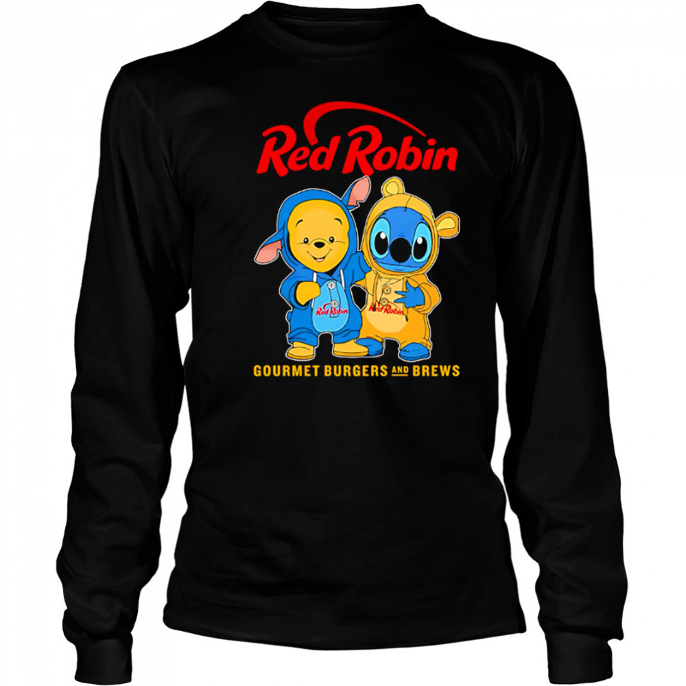 Red robin pooh and stitch friends shirt Long Sleeved