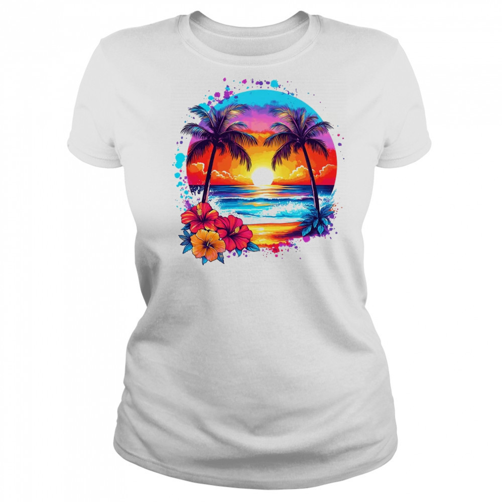 Summer Vacation Beach Palm Trees Hibiscus Flowers Sunset shirt Women's T-shirt