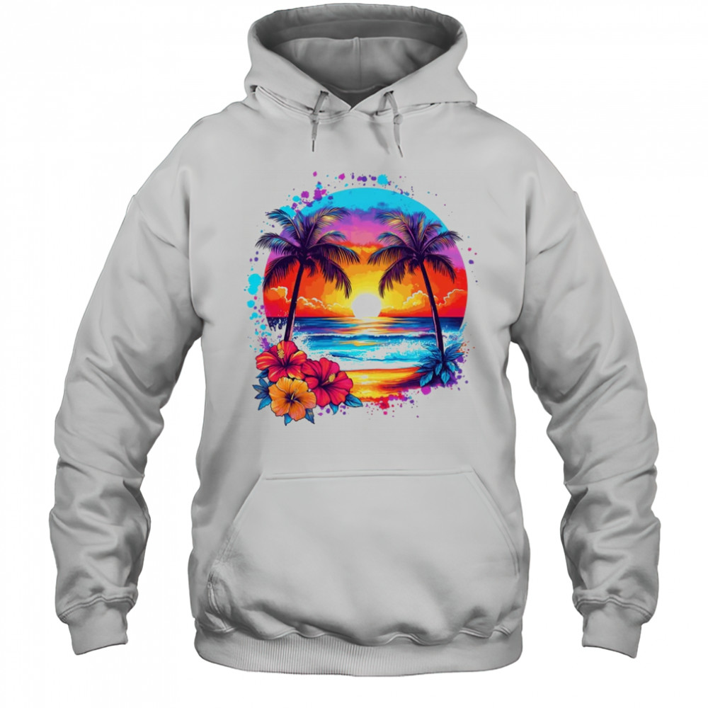 Summer Vacation Beach Palm Trees Hibiscus Flowers Sunset shirt Hoodie