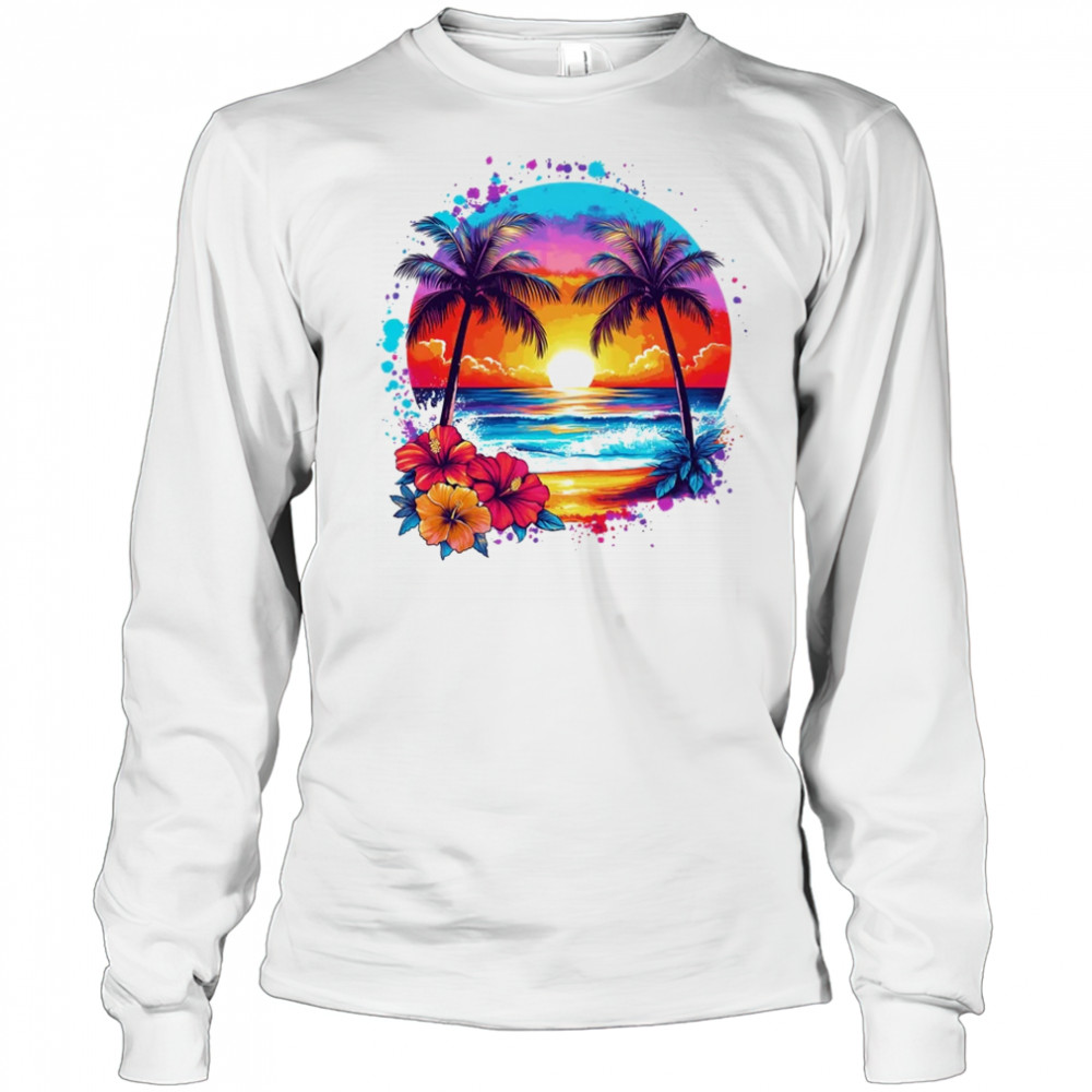 Summer Vacation Beach Palm Trees Hibiscus Flowers Sunset shirt Long Sleeved