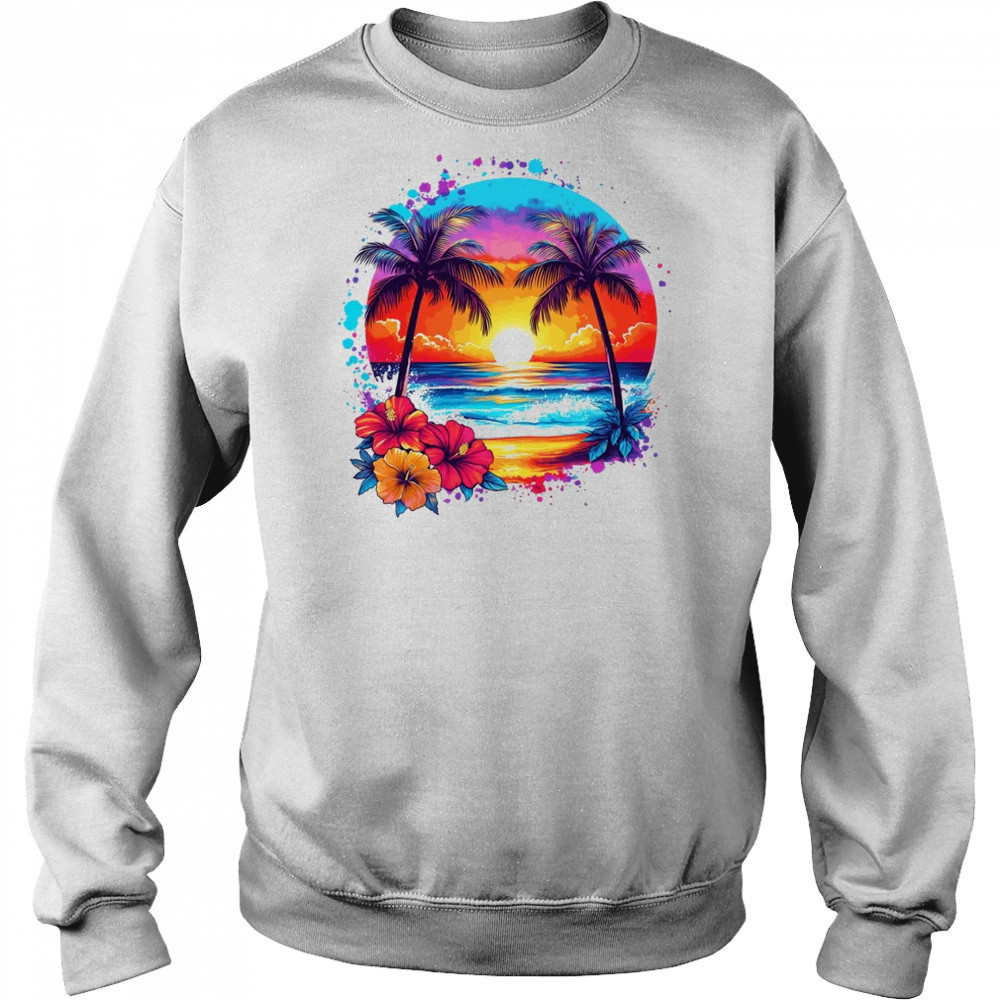 Summer Vacation Beach Palm Trees Hibiscus Flowers Sunset shirt Hoodie