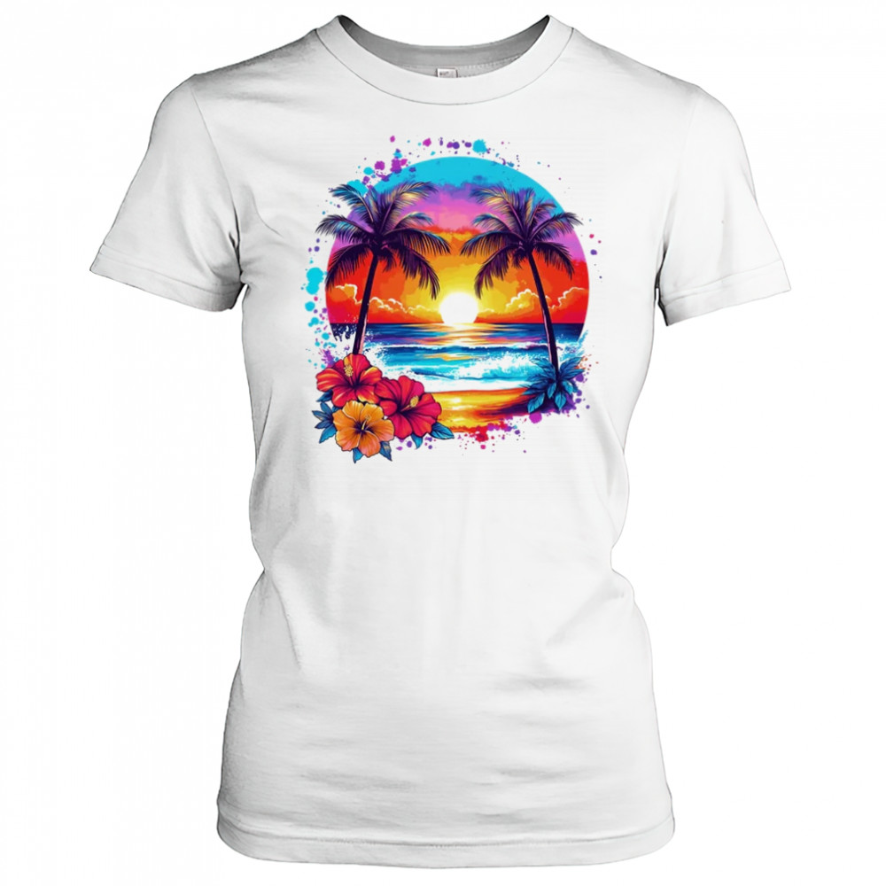 Summer Vacation Beach Palm Trees Hibiscus Flowers Sunset shirt Women's T-shirt
