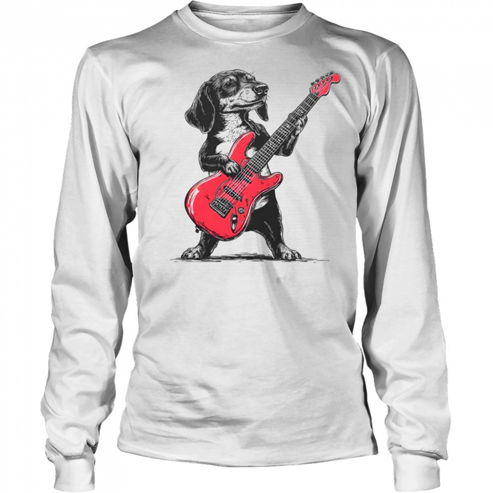 Vintage Dachshund Weenie Playing Guitar Rocking Dog Lover shirt Long Sleeved