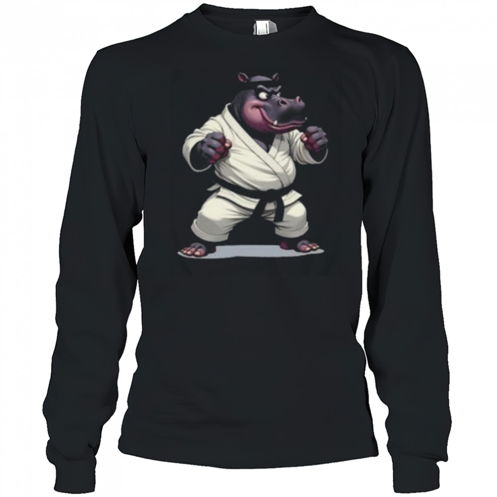 Combative Hippo wearing a GI in fight pose 1 Fan Fun Long Sleeve Shirt Long Sleeved