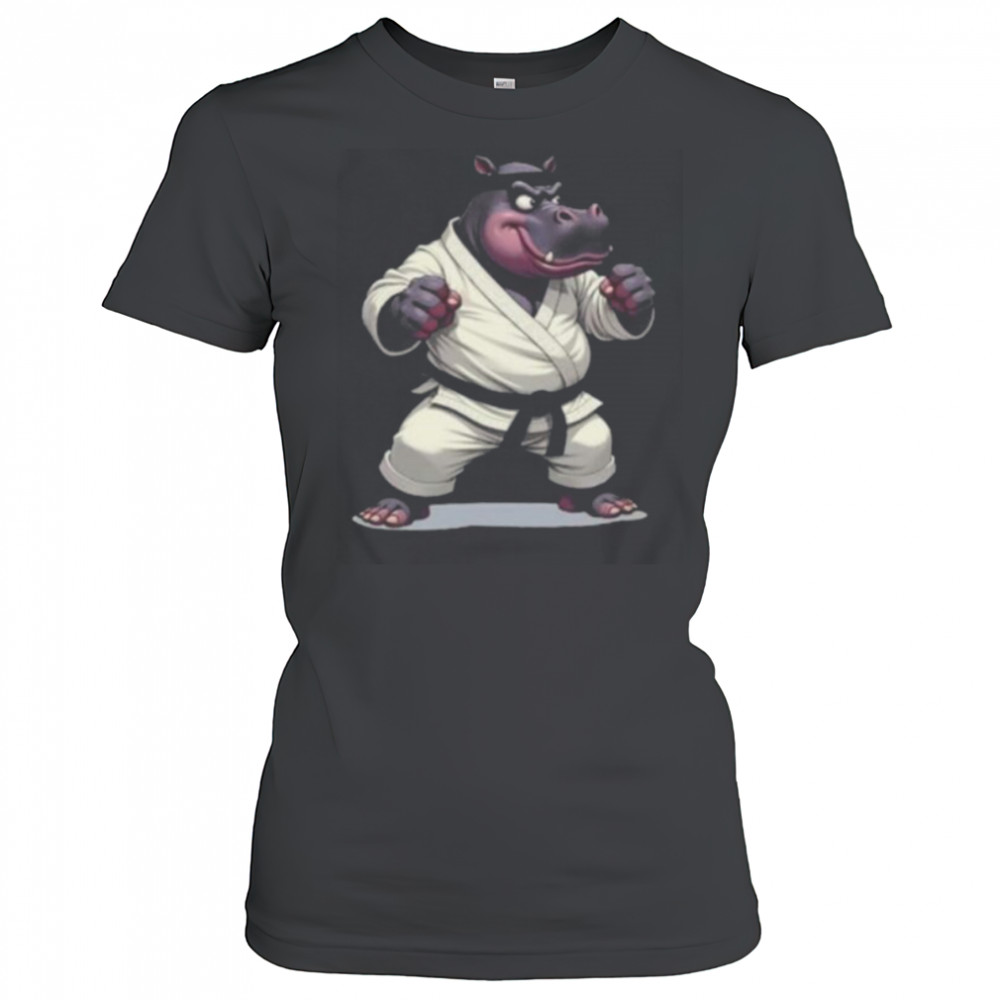 Combative Hippo wearing a GI in fight pose 1 Fan Fun Long Sleeve Shirt Women's T-shirt