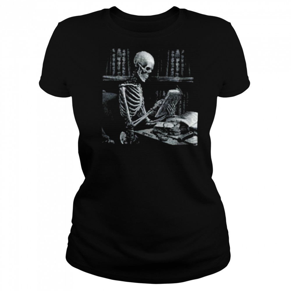 Womens Dark The Reader Skeleton Reading Book Bookworm Bookish V Neck Shirt Women's T-shirt