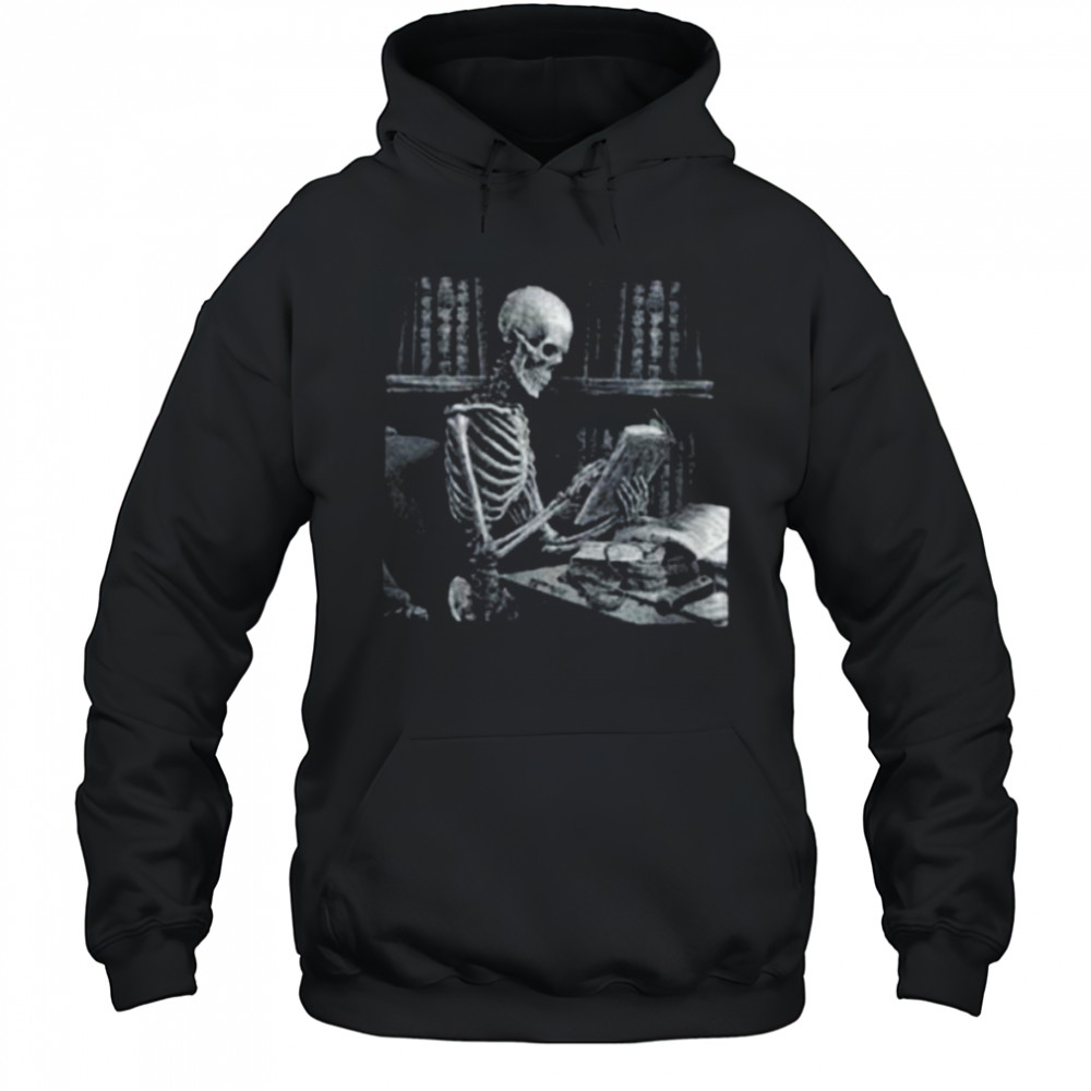 Womens Dark The Reader Skeleton Reading Book Bookworm Bookish V Neck Shirt Hoodie