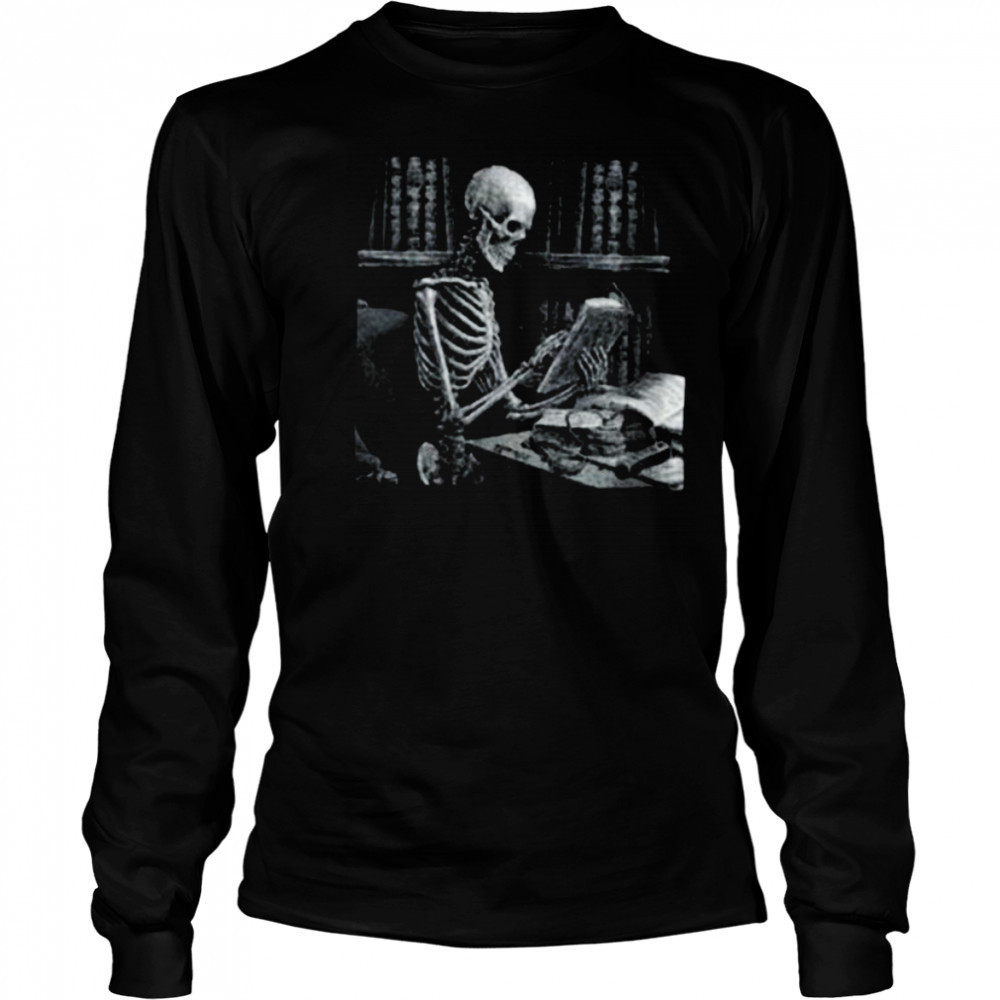 Womens Dark The Reader Skeleton Reading Book Bookworm Bookish V Neck Shirt Long Sleeved