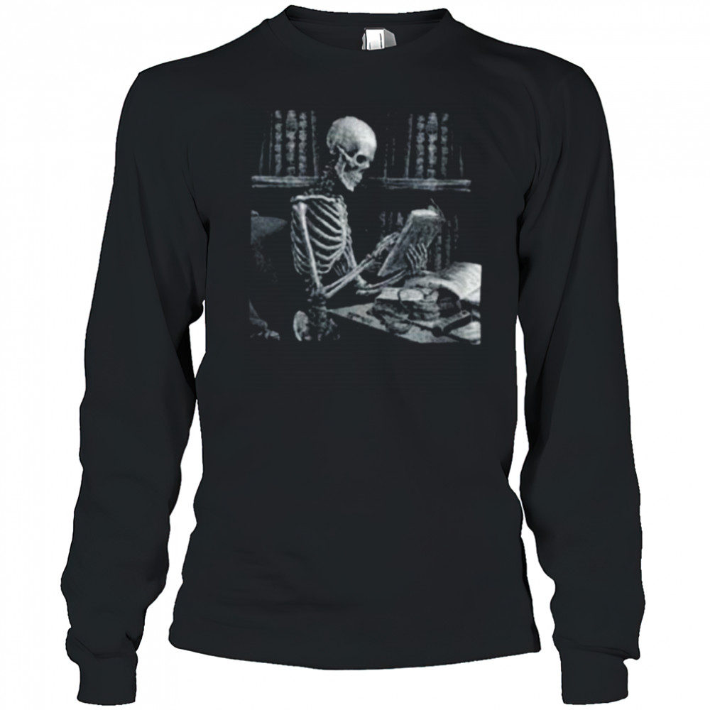 Womens Dark The Reader Skeleton Reading Book Bookworm Bookish V Neck Shirt Long Sleeved