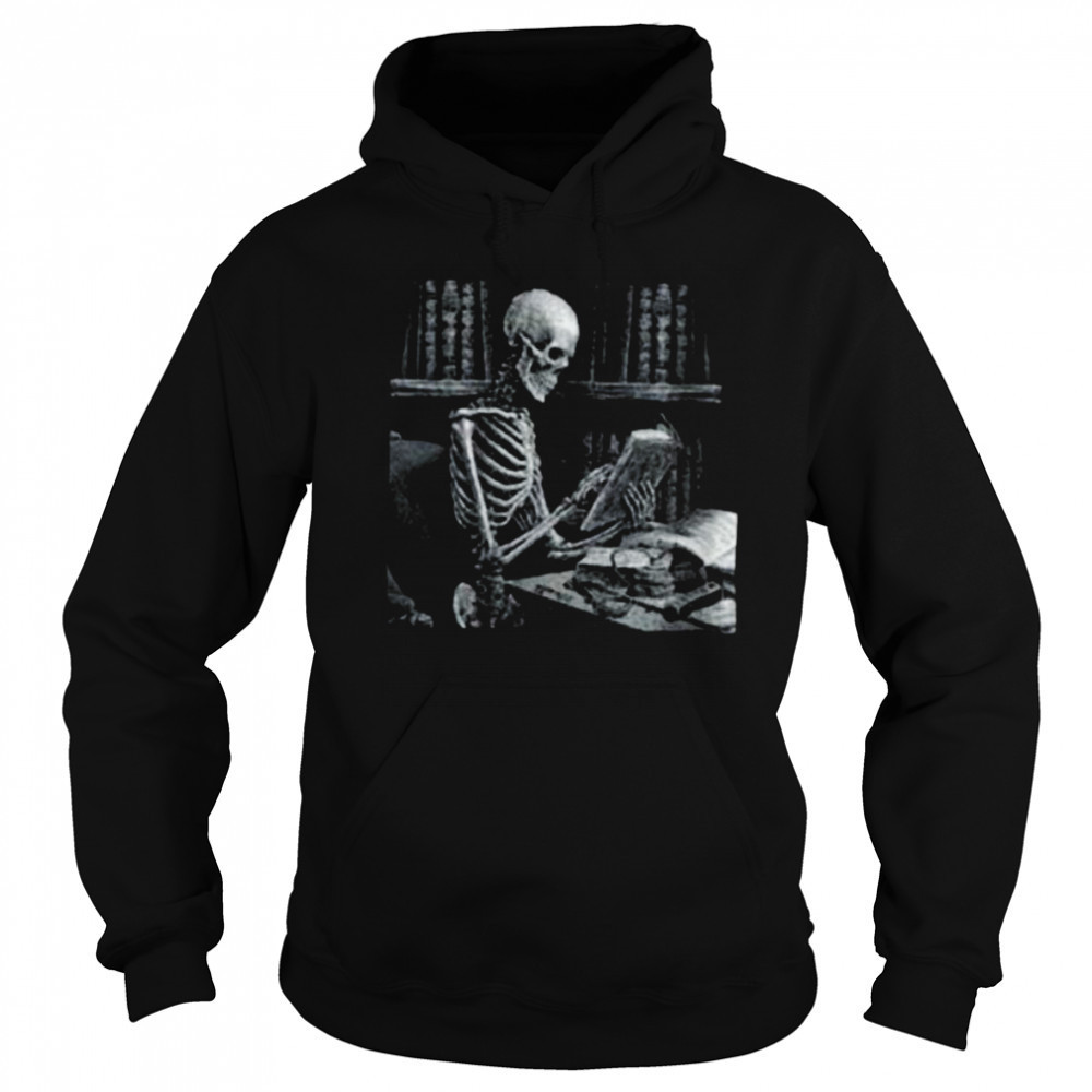 Womens Dark The Reader Skeleton Reading Book Bookworm Bookish V Neck Shirt Sweatshirt