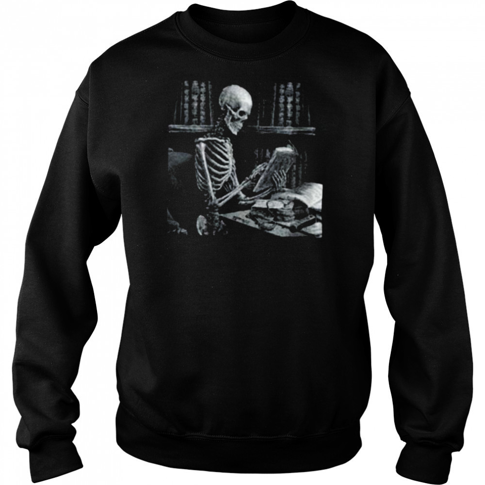 Womens Dark The Reader Skeleton Reading Book Bookworm Bookish V Neck Shirt Hoodie