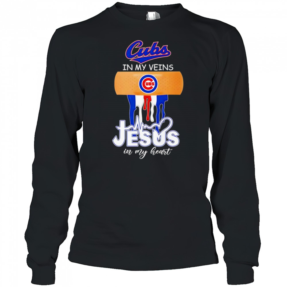 Bandage Chicago Cubs in my veins Jesus in my heart shirt Long Sleeved