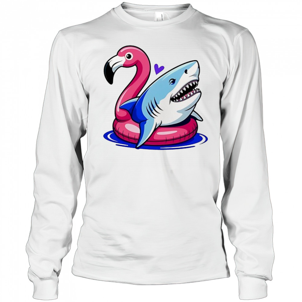Great White Shark in Pink Flamingo Pool float shirt Long Sleeved