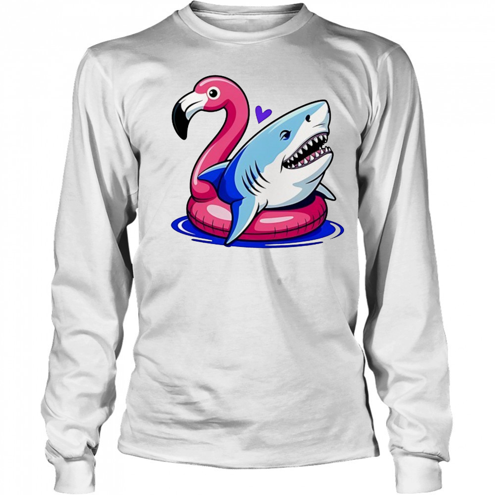 Great White Shark in Pink Flamingo Pool float shirt Long Sleeved