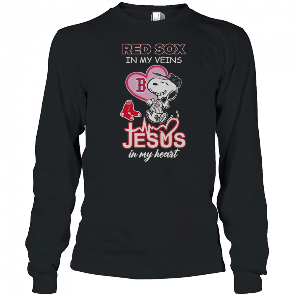 Snoopy Boston Red Sox In My Veins Jesus In My Heart T-Shirt Long Sleeved