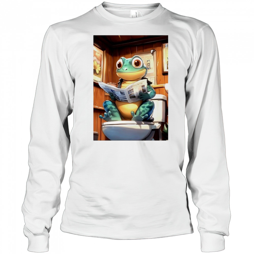 Green Gecko reads Morning Newspaper Rustic Wood Bathroom shirt Long Sleeved