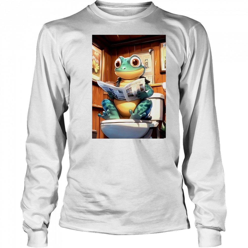 Green Gecko reads Morning Newspaper Rustic Wood Bathroom shirt Long Sleeved
