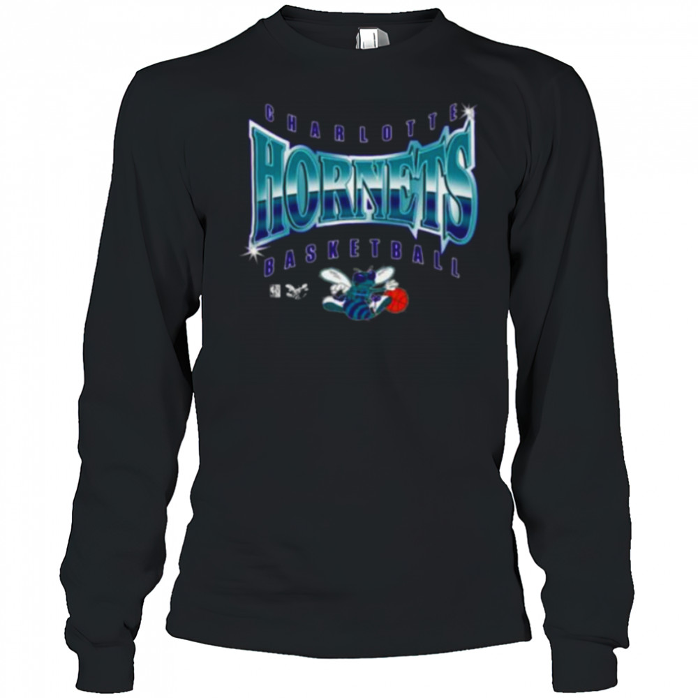 Men’s Mitchell & Ness Black Charlotte Hornets Worldwide Collection Glow Up T Shirt Long Sleeved