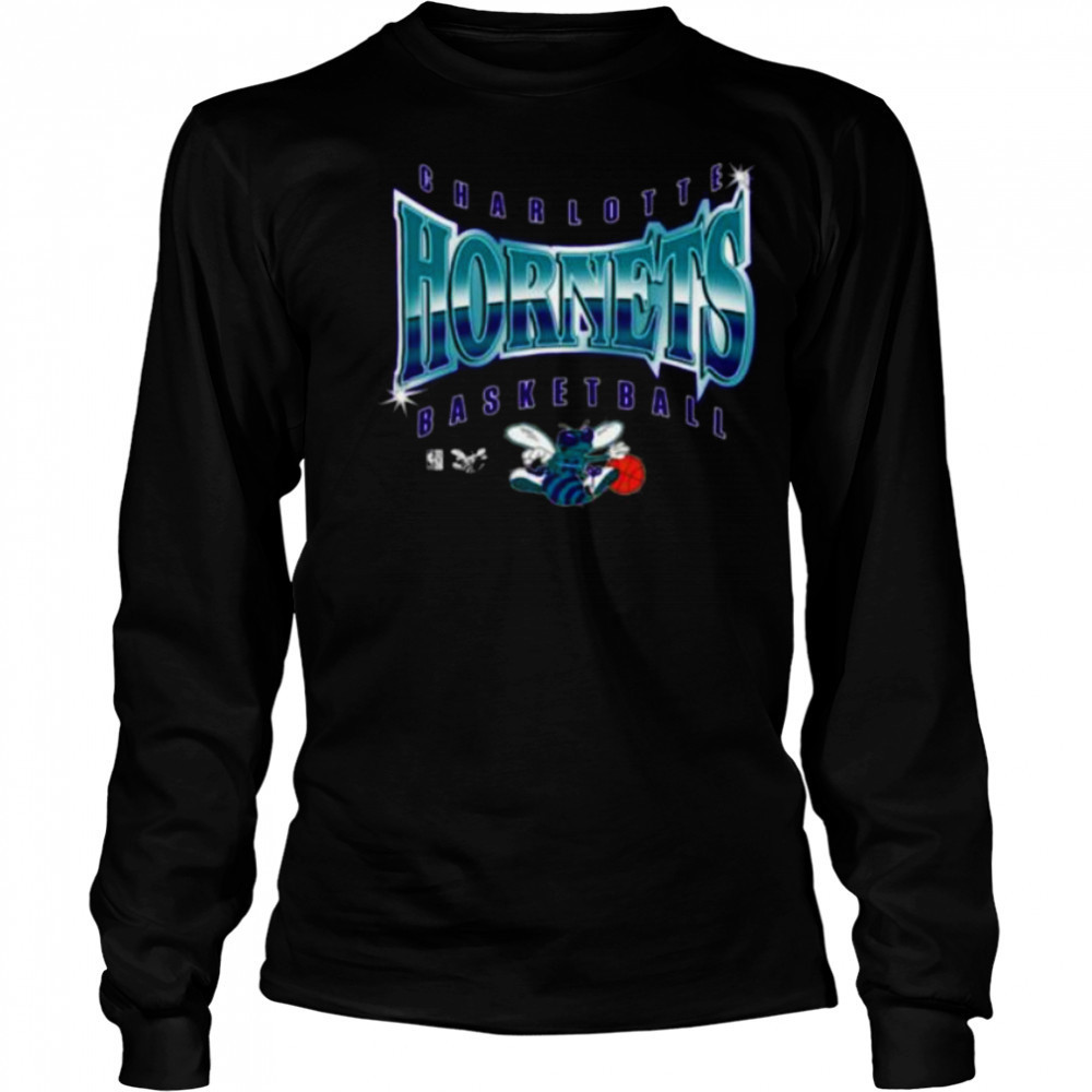 Men’s Mitchell & Ness Black Charlotte Hornets Worldwide Collection Glow Up T Shirt Long Sleeved