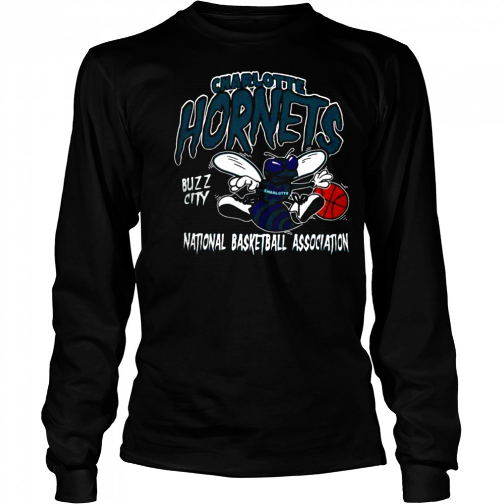 Mitchell & Ness Black Charlotte Hornets Retro Mascot Script T Shirt Long Sleeved