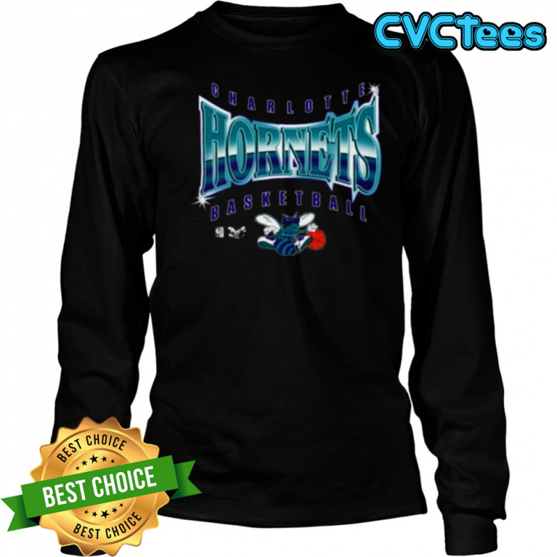 Men’s Mitchell & Ness Black Charlotte Hornets Worldwide Collection Glow Up T Shirt Long Sleeved