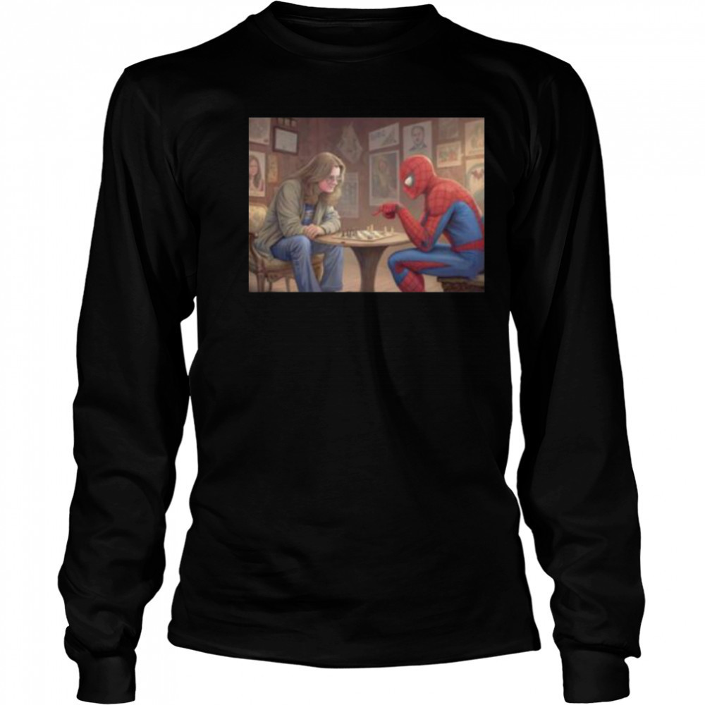 Spiderman and Ozzy Osbourne playing chess shirt Long Sleeved