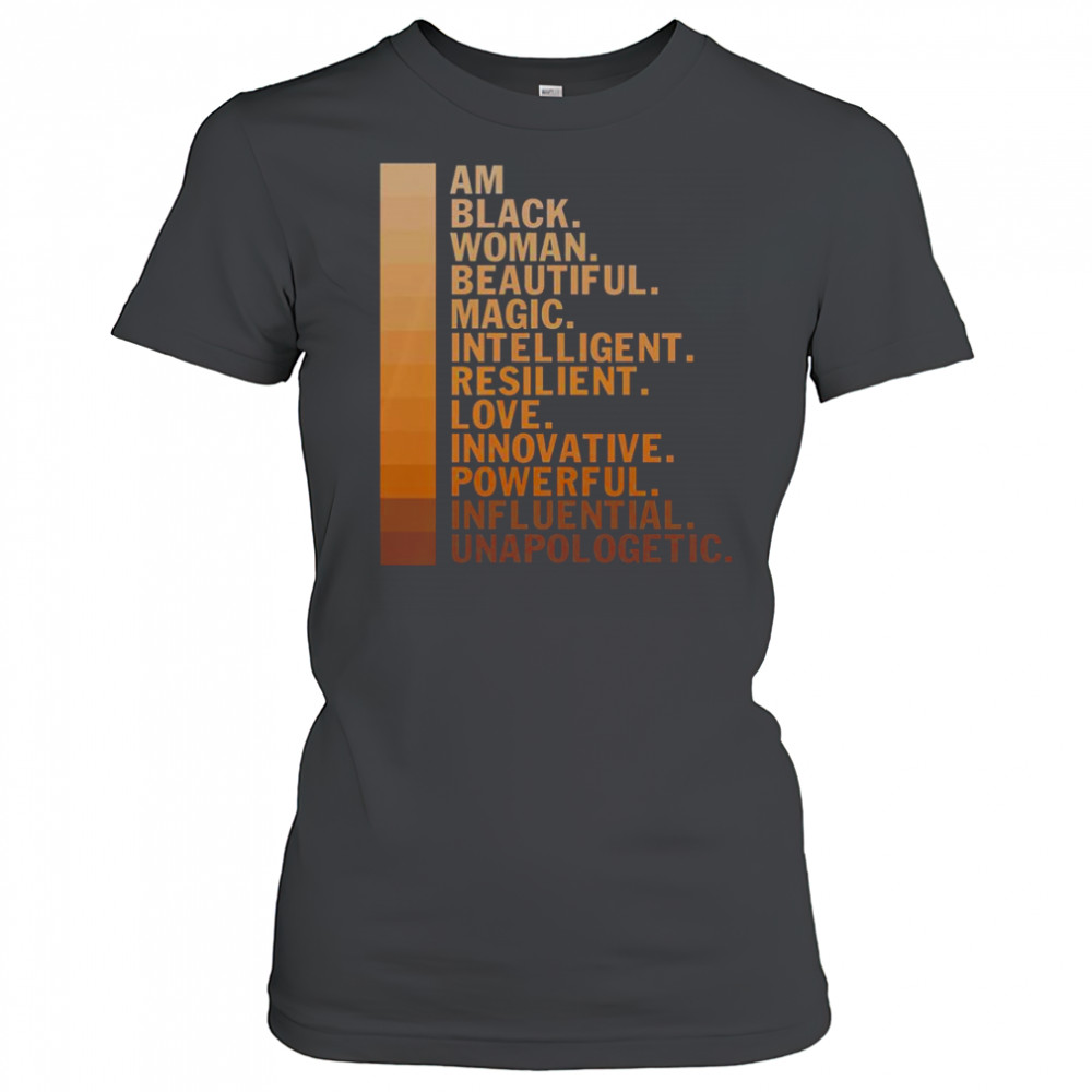 Am Black Woman Beautiful Magic Intelligent Resilient Love Innovative Powerful Influential Unapologetic T-Shirt Women's T-shirt