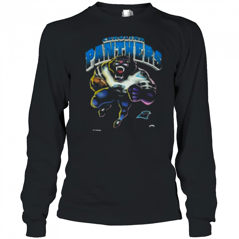 1993 Carolina Panthers Vintage Faded Black Nutmeg Mills Roaring Cartoon Panther NFL Shirt Long Sleeved