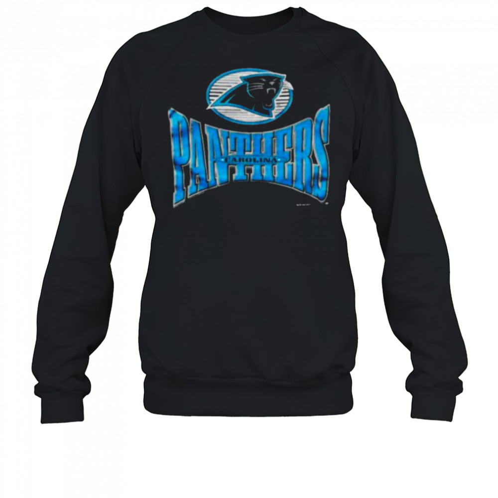 1996 Carolina Panthers Vintage Black Logo 7 Squeeze Spellout Logo NFL Shirt Sweatshirt
