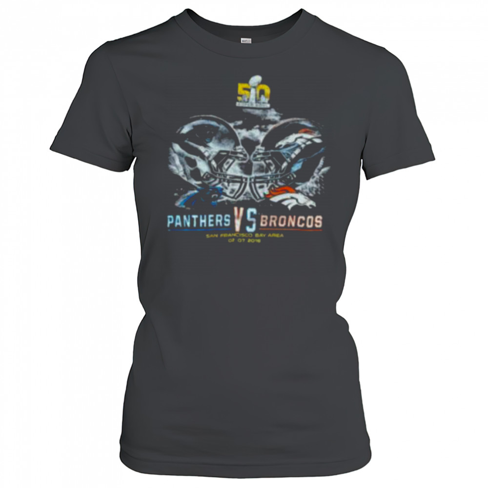 2016 Carolina Panthers vs. Denver Broncos Super Bowl 50 Helmet Match Up Faded Black NFL Shirt Women's T-shirt