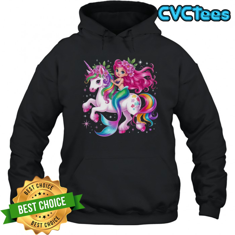 Mermaid Riding A Unicorn Girls Women Kids Adults Rainbow shirt Hoodie