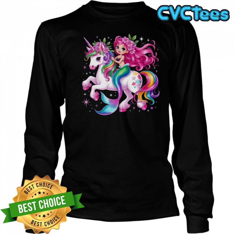 Mermaid Riding A Unicorn Girls Women Kids Adults Rainbow shirt Long Sleeved