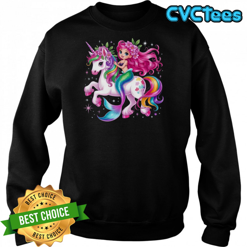 Mermaid Riding A Unicorn Girls Women Kids Adults Rainbow shirt Sweatshirt