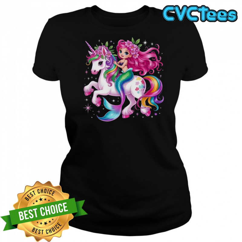 Mermaid Riding A Unicorn Girls Women Kids Adults Rainbow shirt Women's T-shirt