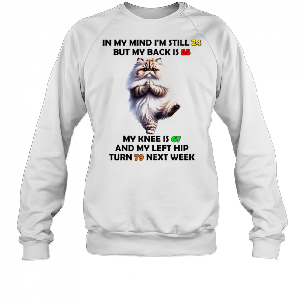 Cat in my mind I’m still 24 but my back is 55 my knee is 67 shirt Sweatshirt