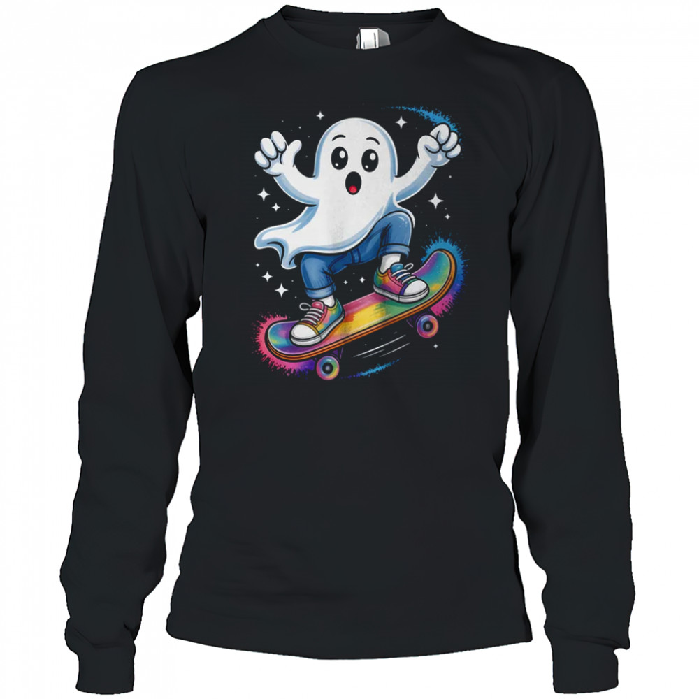 Ghost On Skateboard Funny Halloween Costume Skateboarding shirt Long Sleeved
